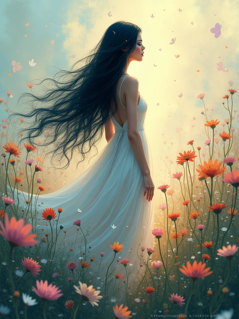 A digital painting of Tree with long black hair, posing amidst wildflowers. surrounded by vibrant colors and shapes that create depth and texture. The artwork has a soft pastel color palette, giving it a dreamy quality. The painting is done in the style of a dreamy, pastel artwork. 