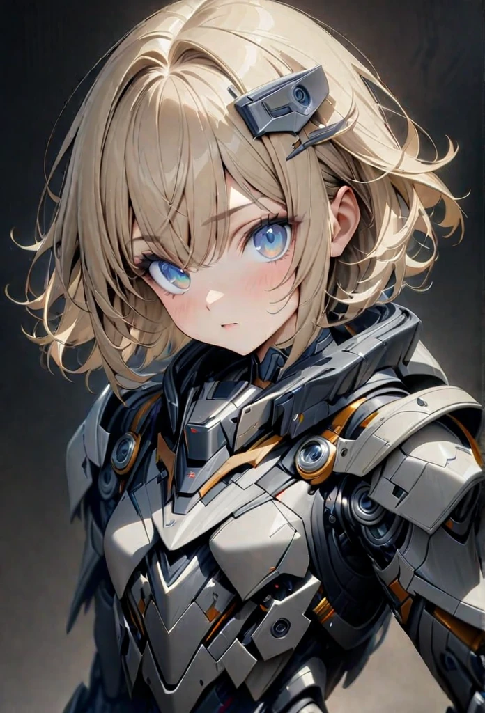 full body, (One girl,high quality,High resolution,8k,High precision,masterpiece:1.2,) Blonde girl,flat chest, medium hair, blue eyes, Gray robotic barrette, Gray robot armor, simple background