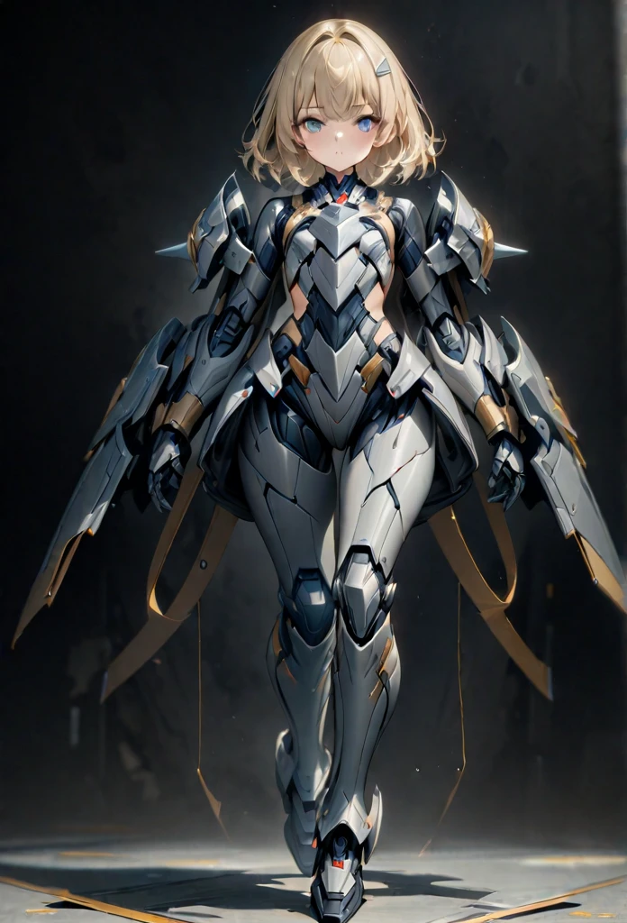 full body, (One girl,high quality,High resolution,8k,High precision,masterpiece:1.2,) Blonde girl,flat chest, medium hair, blue eyes, Gray robotic barrette, Gray robot armor, simple background
