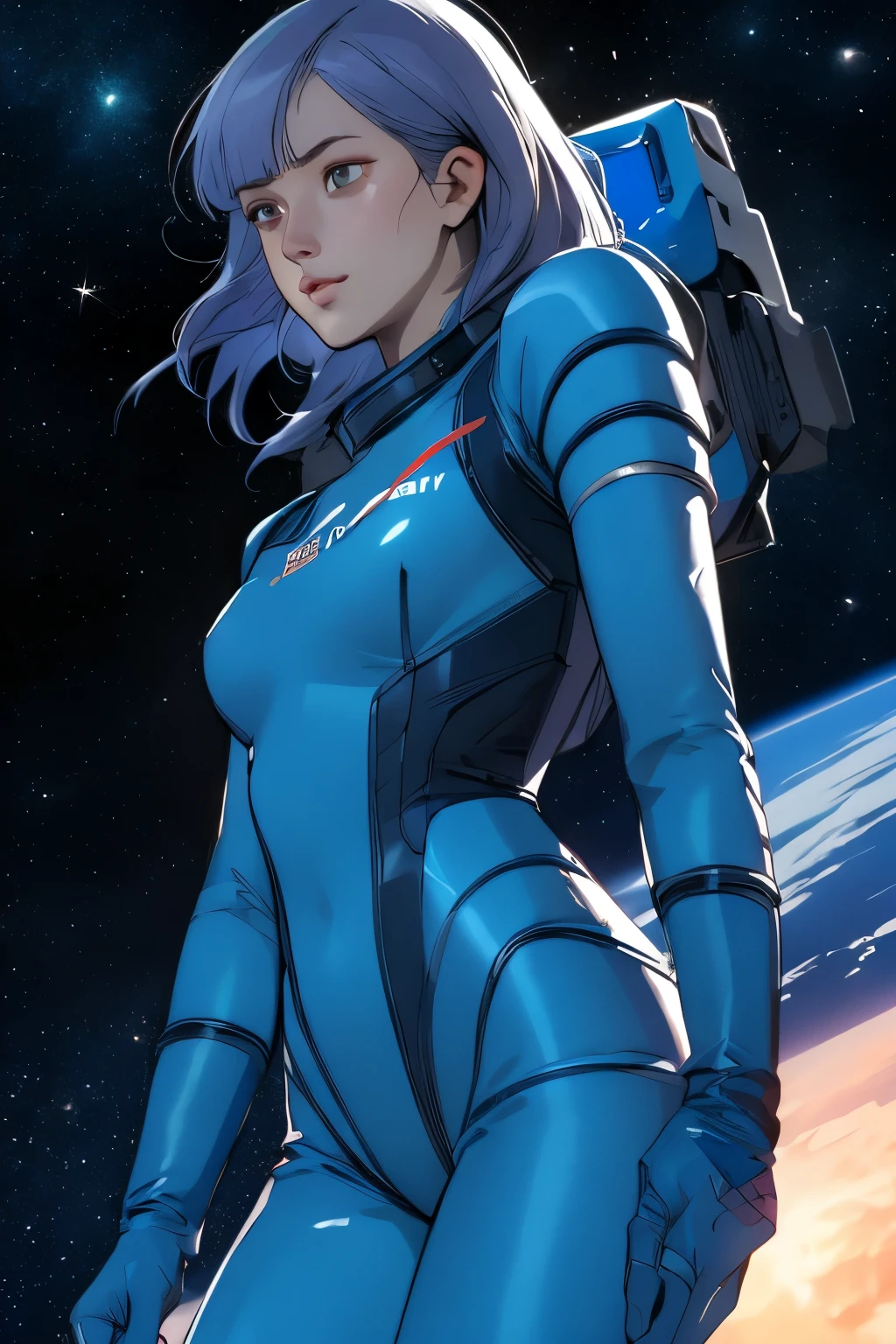 ((masterpiece)), (best quality), official art, extremely detailed CG, unity 8k wallpaper, ultra detailed, highly detailed, detailed background, vivid color, photorealistic, perfect lighting, best illumination,
1girl, louka, blue space suit, long hair, NASA, rocket, 
 