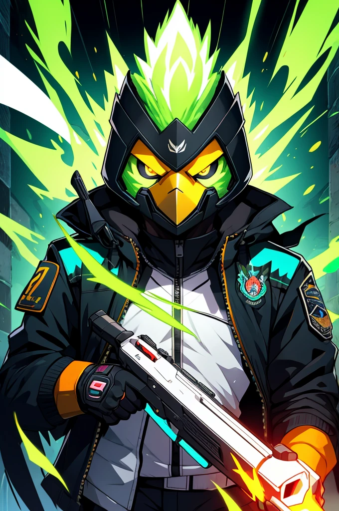 offcial art, Unity 8k papel de parede, ultra detaild, bonitas,so the hawk man head with green aura of anthropomorphic fire ,neon eagle mask, with black jacket, with an angry face, ,fluffly, cute, shorty, kawaii, drawing 2