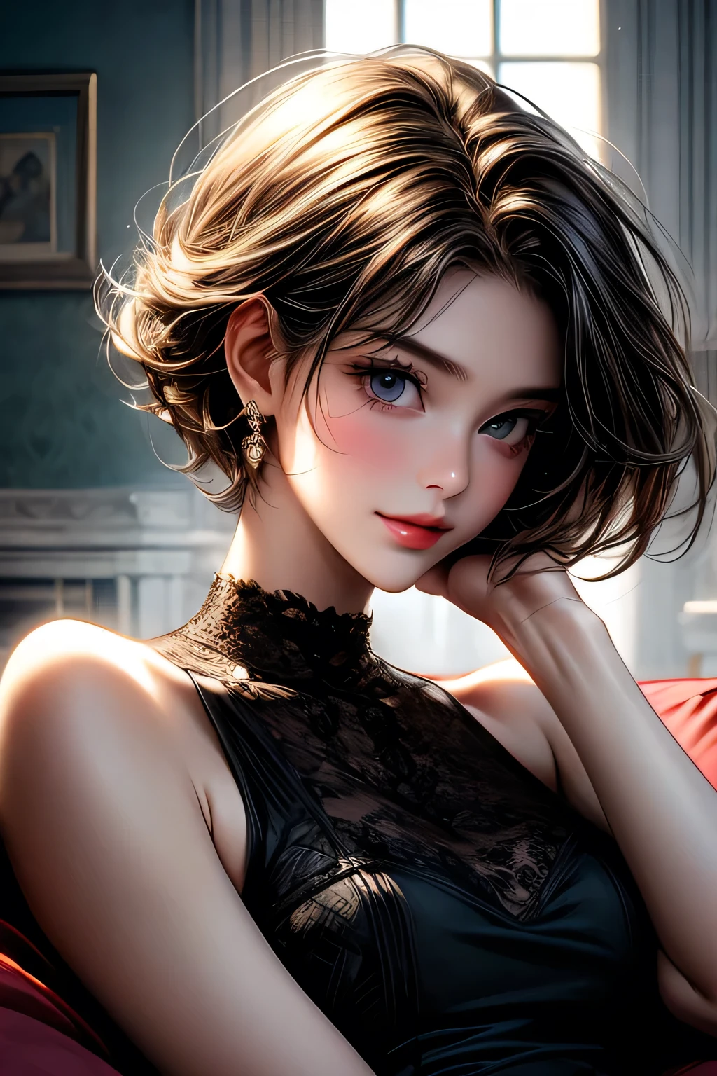 A cute girl in a room, sitting on the couch, beautiful detailed eyes,beautiful detailed lips, short hair, brown hair, extremely detailed eyes and face,longeyelashes,illustration,ultra-detailed,best quality,4k,8k,highres,masterpiece:1.2,ultra-fine painting,sharp focus,professional,vivid colors,portraits, light smile, dark aura