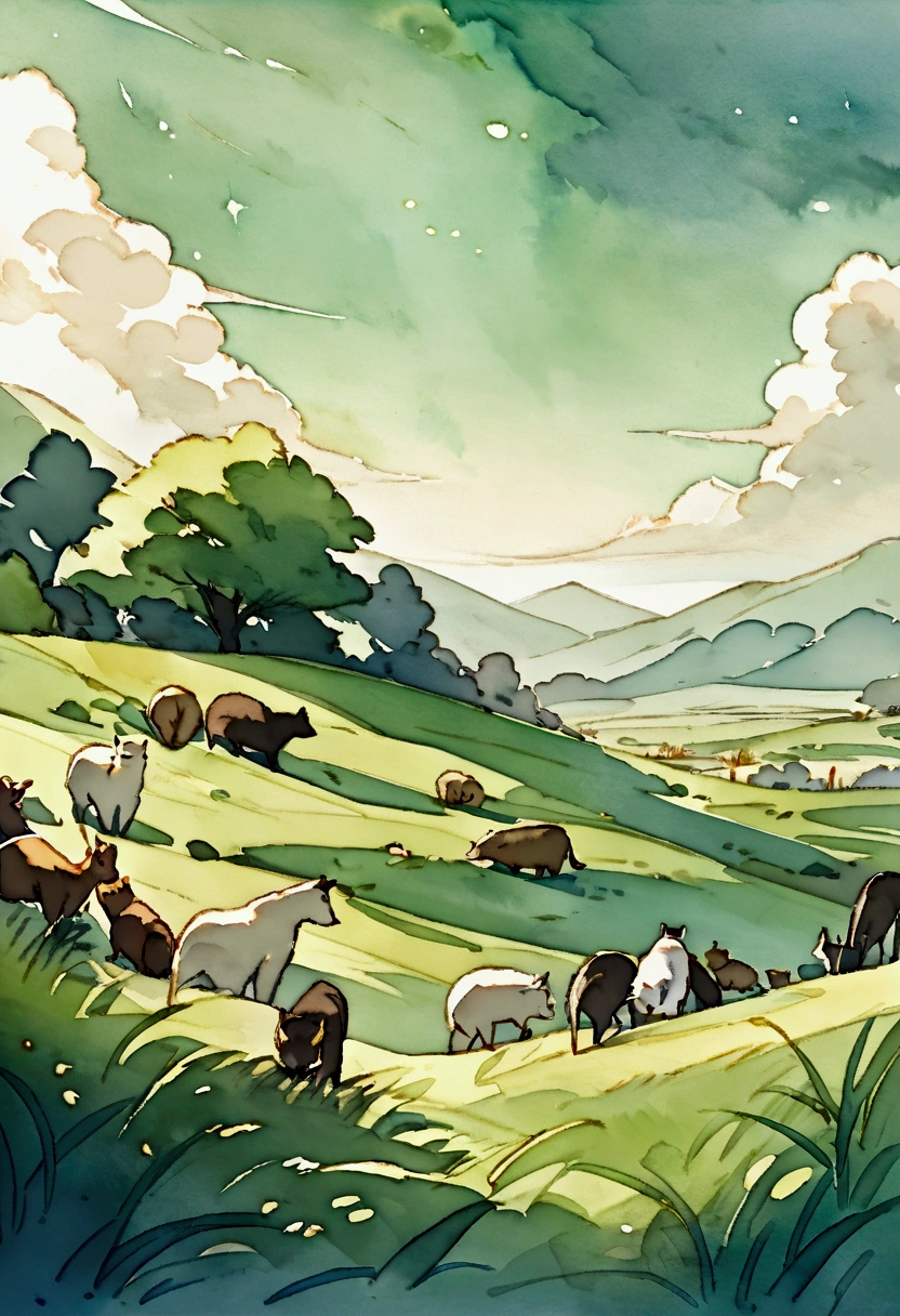 A wide grassland with many animals. No people. Fantasy. Watercolor painting.