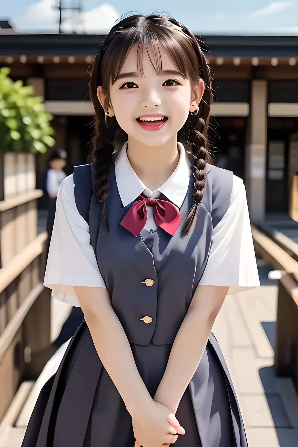 (highest quality, masterpiece, high resolution:1.2), 4K, (Photo quality detailed face: 1.2), (Giorgione painting style: 0.8), geometry, (16 yo cute girly Japanese girl: 1.0), Laughing cutely, (neat girly white short-sleeves school blouse: 1.0), (puffed short sleeves: 1.0), (Dark red glossy school ribbon on the breast: 1.0), (Gray Japanese school girly vest Uniform: 1.2), (Can't stop laughing, Extremely laughing cheeks: 1.4), (Beautiful light-amber cute-dolly large clear eyes with detailed cutely: 1.4), (Long bottom eyelashes: 1.0), (Expressing the greatest joy with her whole body: 1.5), (Glossy lips: 1.0), (braids under her ears: 1.0), (cute earrings), (kidnapping me into the heaven as a goddess: 1.6), (white and clear skin: 1.0), (Laughing French cute girl's eyes: 0.5), (Placing her beautiful white hands together like playing: 0.9), (Full-body shot on clouded railway station platform in Japan)
