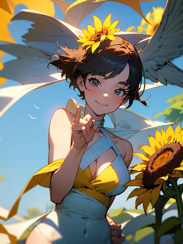  master piece, best quality, for below, cinematic angle, upper body , pigeon toed,  
Anime-style Moe illustration, summer vacation theme, 20-year-old 4womans holding a bouquet of sunflowers, short hair, 
Micro bikini, slightly inner thighs, smile, accurate drawing, Active pose, Active Angle,