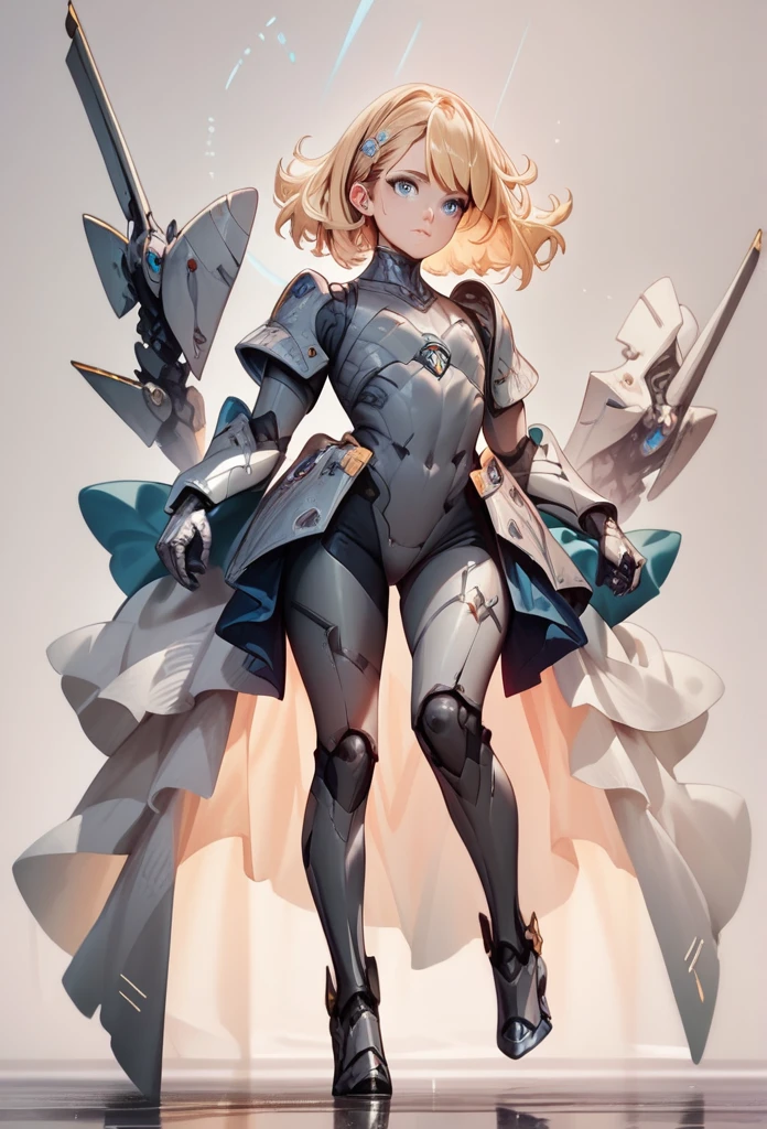full body, (One girl,high quality,High resolution,8k,High precision,masterpiece:1.2,) Blonde girl,flat chest, medium hair, blue eyes, Gray robotic barrette, Gray robot armor, simple background