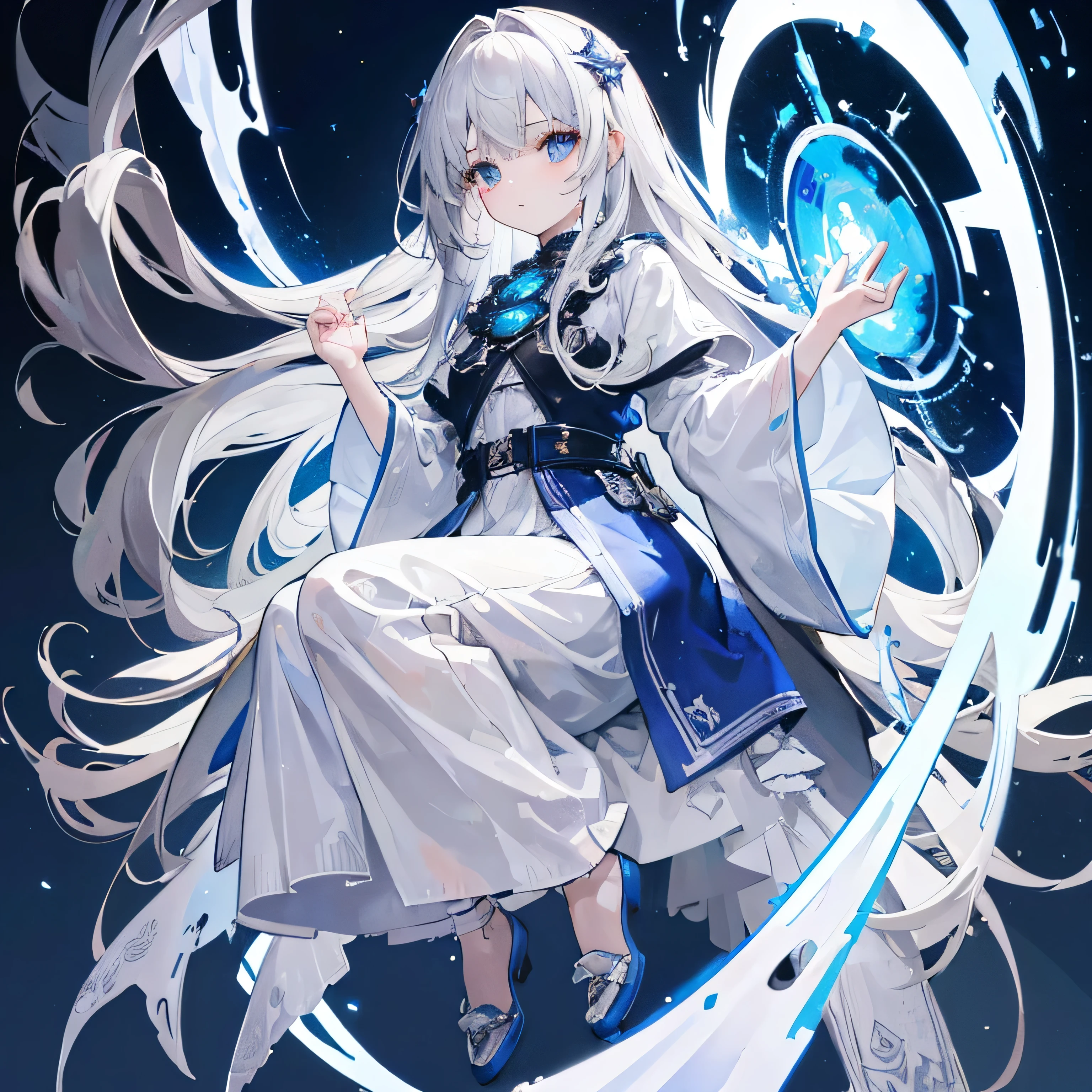 8k resolution、((Highest quality))、((masterpiece))、((Super detailed))、only、One young girl、solo、Unbelievably absurd、Torn white clothes、Long-haired gray hair、Light-colored eyes、1 woman、ghost、Blue Flame、Fantasy、Full body portrait