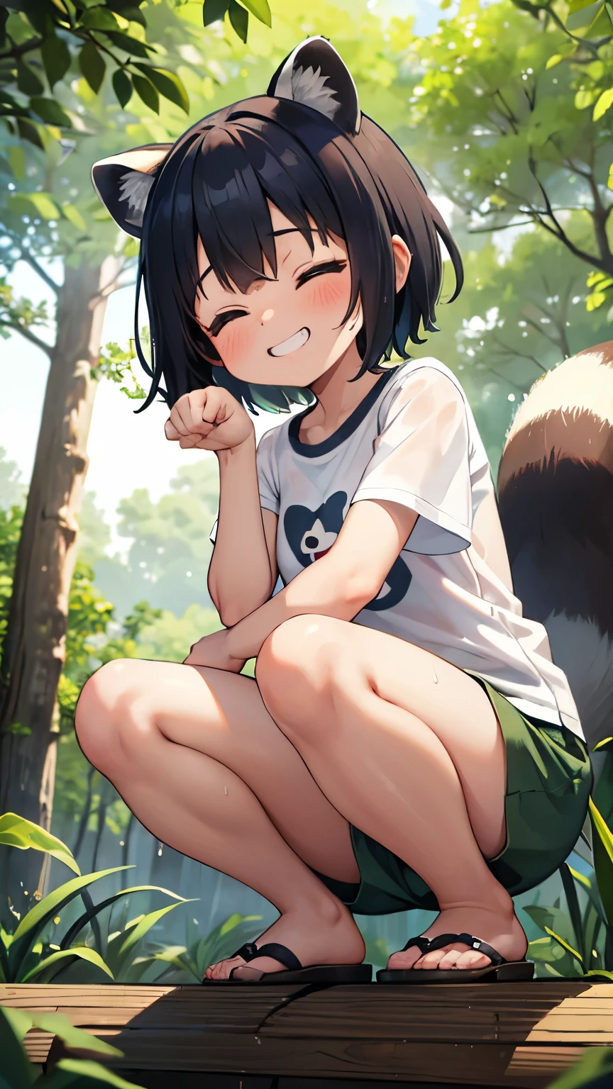 forest,smile,close your eyes,1. small ,short hair,Black Hair,blush,Navy blue white t-shirt,Olive green shorts,Brown Sandals,White skin,summer,From below,shy,Sweaty,Wet,squat,Grin,Raccoon Ears,Raccoon Tail,PAW Pose,