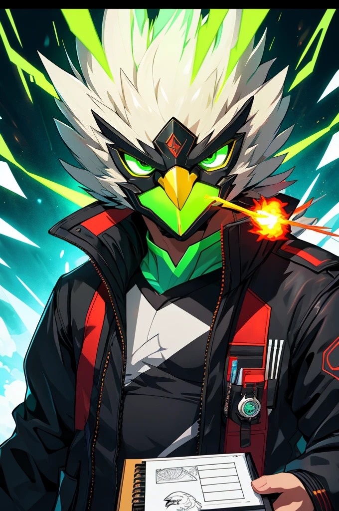 offcial art, Unity 8k papel de parede, ultra detaild, bonitas,so the hawk man head with green aura of anthropomorphic fire ,neon eagle mask, with black jacket, with an angry face, ,fluffly, cute, shorty, kawaii, drawing 2