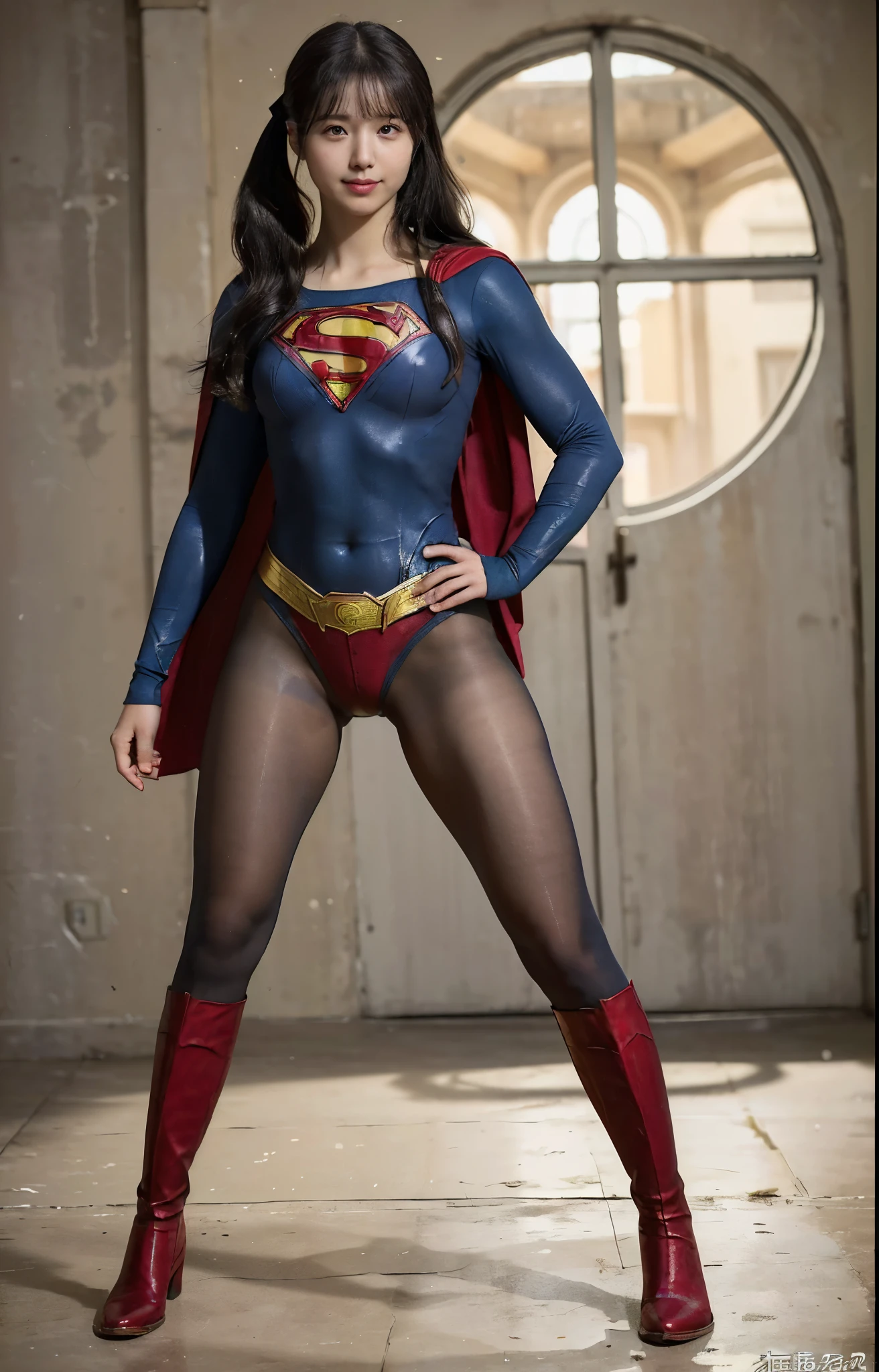 No background、(((Beautiful legs in black tights.)))、(((Legally express the beauty of your smile)))、((((Make the most of your original images)))、(((体にぴったりフィットするSupergirl Costume)))、(((Supergirl Costume)))、(((Beautiful hair with twin tails)))、(((suffering)))、(((Please wear black tights....、Wear red boots)))、((Best image quality、8k))、((Highest quality、8k、masterpiece:1.3))、(((Preserve background )))、Sharp focus:1.2、Beautiful woman with perfect figure:1.4、Slim Abs:1.2、Wet body:1.5、Highly detailed face and skin texture、8k
