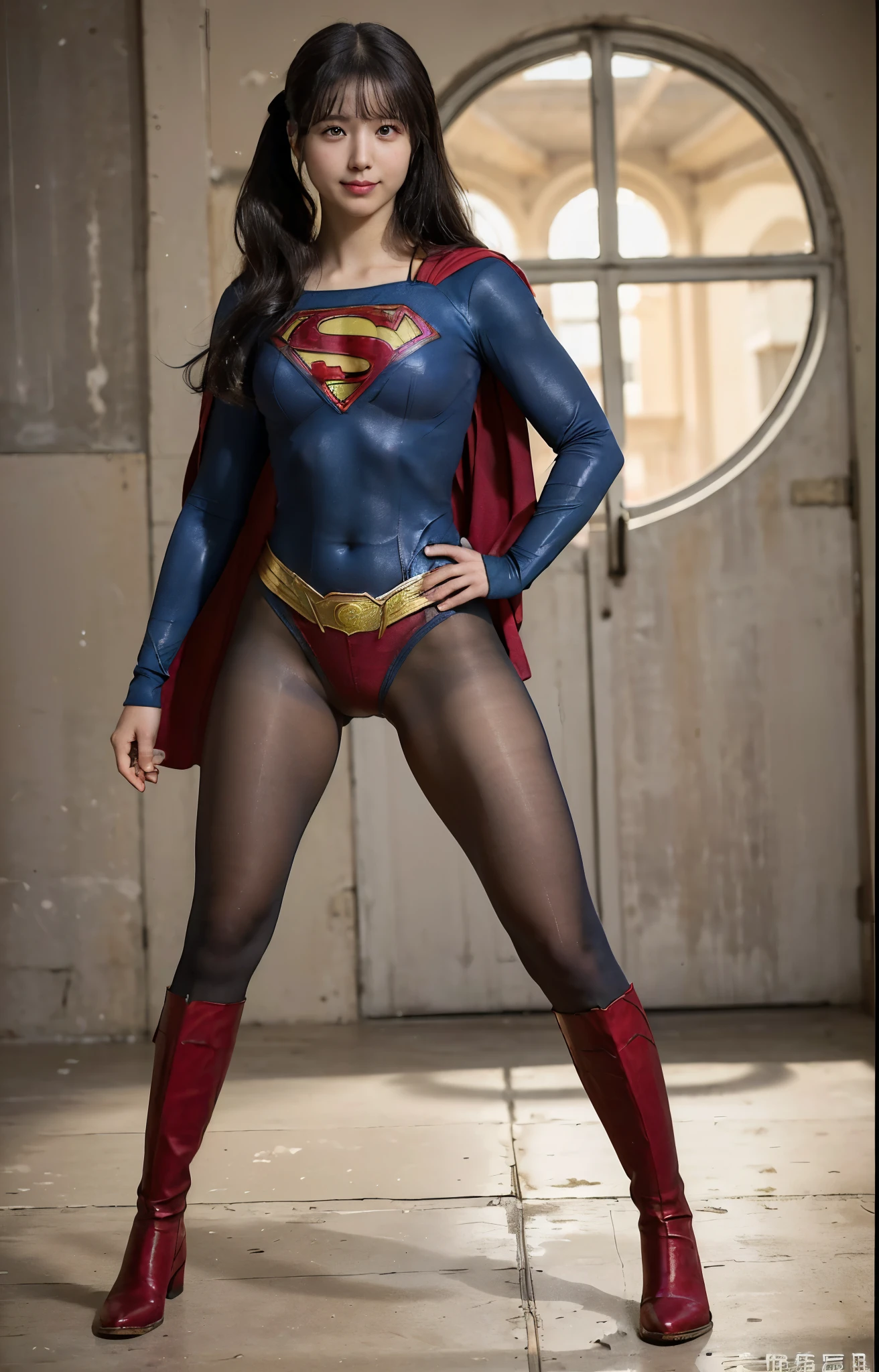 No background、(((Beautiful legs in black tights.)))、(((Legally express the beauty of your smile)))、((((Make the most of your original images)))、(((体にぴったりフィットするSupergirl Costume)))、(((Supergirl Costume)))、(((Beautiful hair with twin tails)))、(((suffering)))、(((Please wear black tights....、Wear red boots)))、((Best image quality、8k))、((Highest quality、8k、masterpiece:1.3))、(((Preserve background )))、Sharp focus:1.2、Beautiful woman with perfect figure:1.4、Slim Abs:1.2、Wet body:1.5、Highly detailed face and skin texture、8k