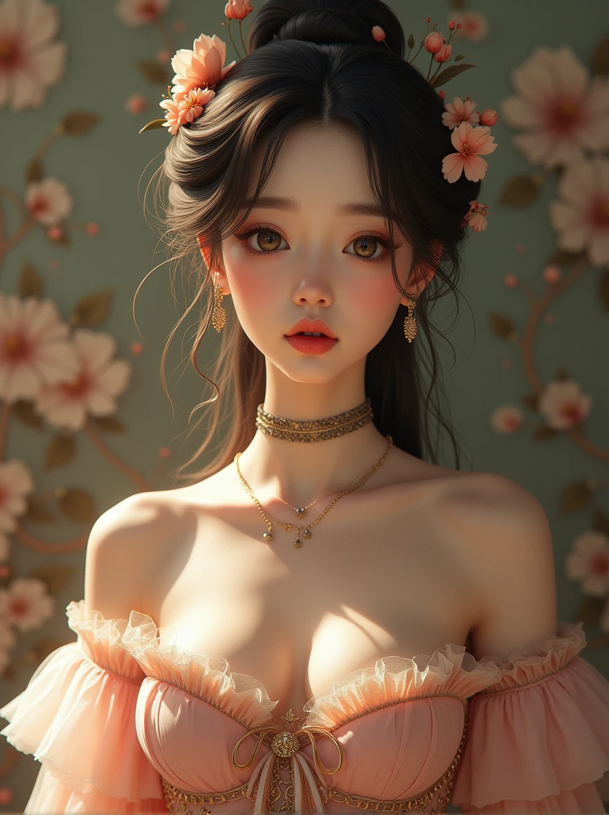 (Highest quality, masterpiece), One girl, Intricate details, Off the shoulder, skirt, choker, Frills, See through, View your viewers, blush, Upper Body, Blurred Background, Floral print, Contrasting