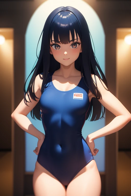 ((artwork, Best quality)), studio lighting, (1 girl), (Alone), (female focus), (stand:1.3), (looking forward: 1.3), front camera, tall, slim body, no curves, small breasts, small hips, swimming uniform, confident, (very wide shot: 1.5), straight hair, bangs, dark eyes, brave look, smile, light blue shoulder length hair, bangs, digital art, concept art, vibrant colors, best quality, 8k, high resolution, ultra-detailed, anatomically correct