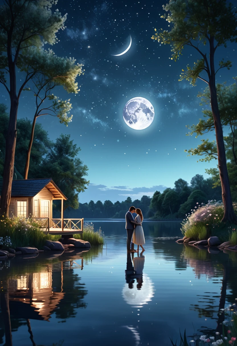 A romantic moonlit illustration of a couple confessing their feelings beside a peaceful lake. The scene is bathed in soft, silvery light, reflected on the calm water. The characters are realistic in appearance, with sincere, emotional expressions, holding hands or lightly kissing. The environment is surrounded by trees and wild flowers, creating an intimate, magical atmosphere. The night sky is dotted with brilliant stars and the full moon gently illuminates the scene. (Ultra:1.3 quality), masterpiece, highly detailed, HDR, 8K, digital art, (Clair-obscur:1.5), natural light, immersive atmosphere, soft colors.