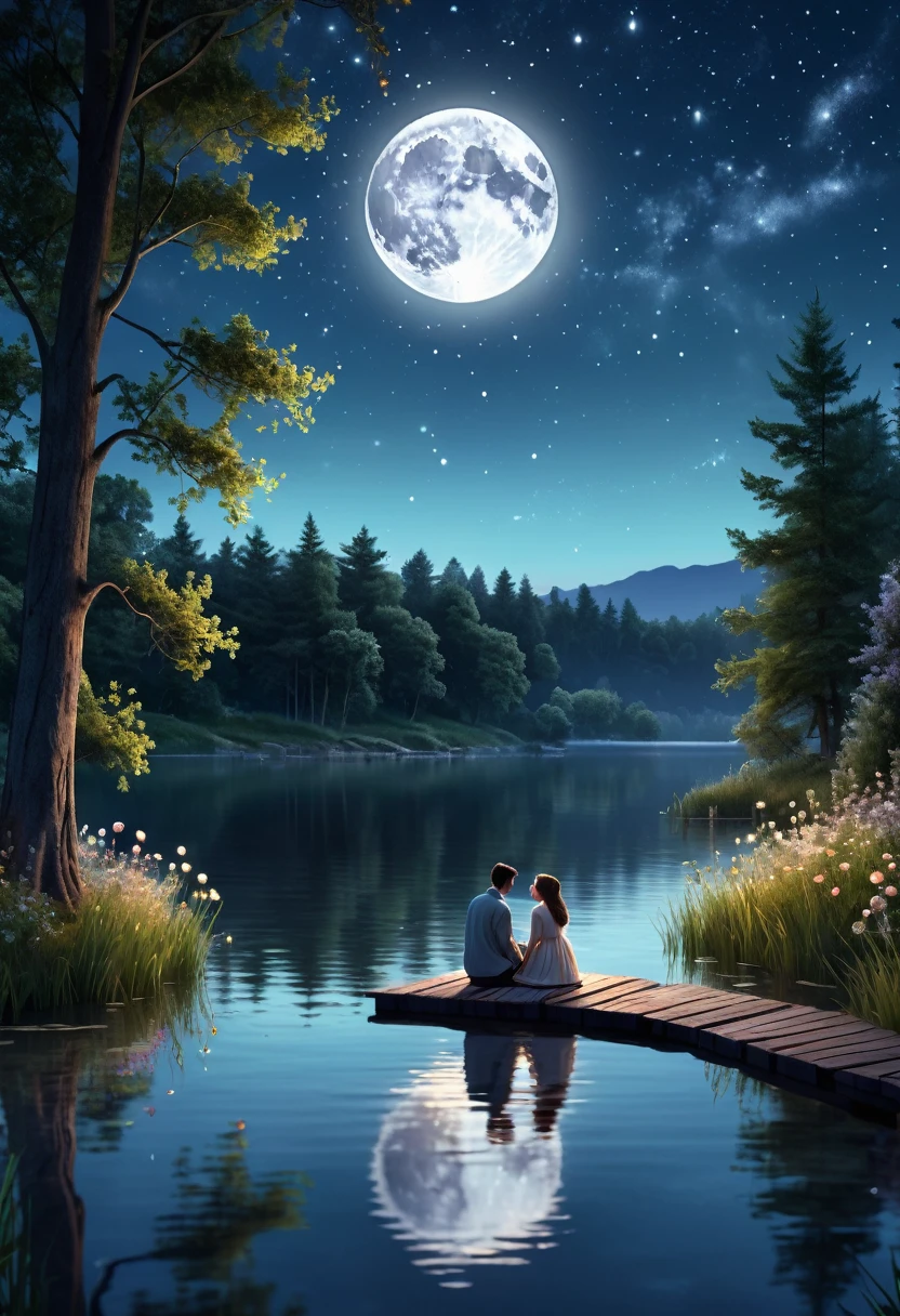 A romantic moonlit illustration of a couple confessing their feelings beside a peaceful lake. The scene is bathed in soft, silvery light, reflected on the calm water. The characters are realistic in appearance, with sincere, emotional expressions, holding hands or lightly kissing. The environment is surrounded by trees and wild flowers, creating an intimate, magical atmosphere. The night sky is dotted with brilliant stars and the full moon gently illuminates the scene. (Ultra:1.3 quality), masterpiece, highly detailed, HDR, 8K, digital art, (Clair-obscur:1.5), natural light, immersive atmosphere, soft colors.