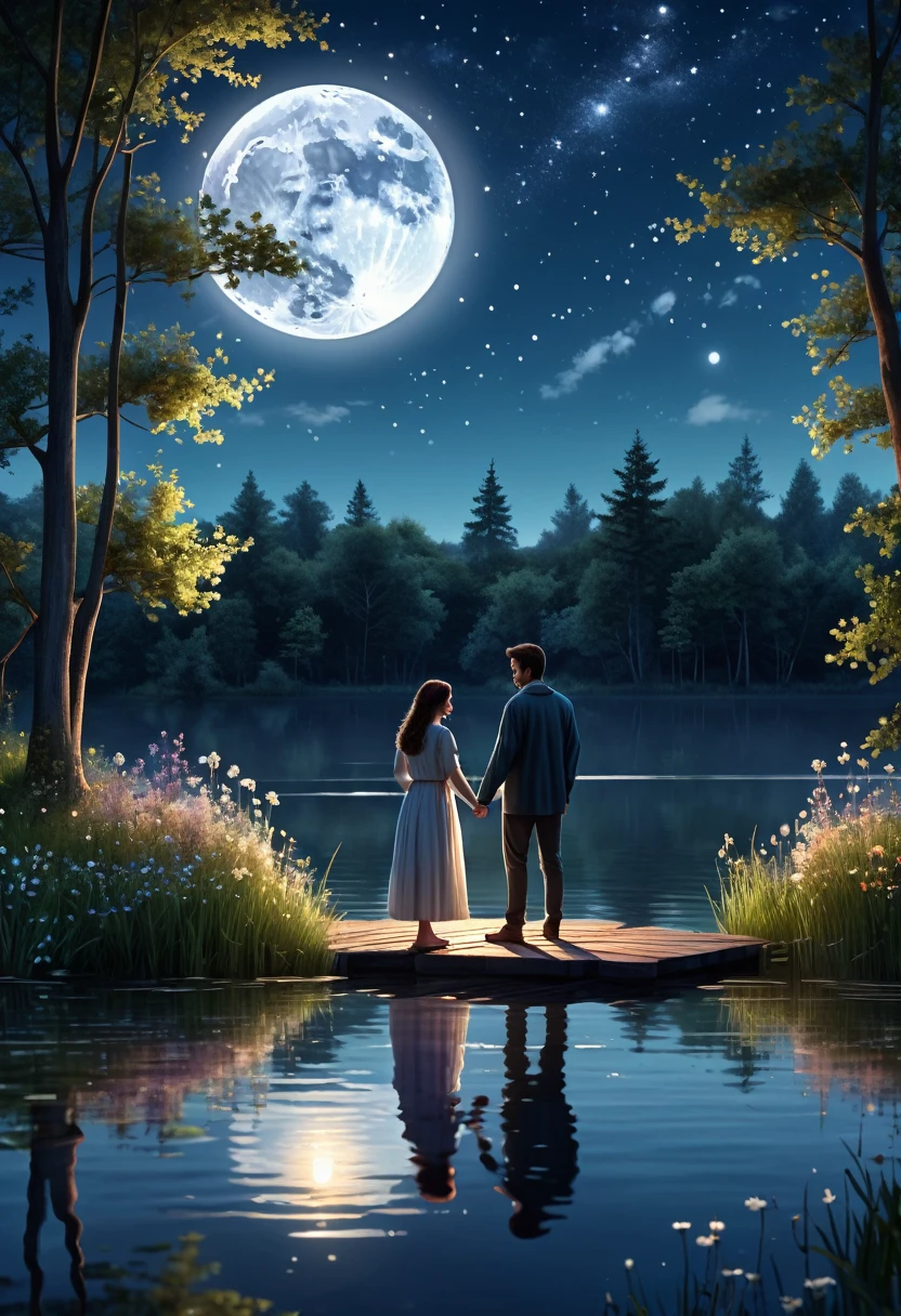 A romantic moonlit illustration of a couple confessing their feelings beside a peaceful lake. The scene is bathed in soft, silvery light, reflected on the calm water. The characters are realistic in appearance, with sincere, emotional expressions, holding hands or lightly kissing. The environment is surrounded by trees and wild flowers, creating an intimate, magical atmosphere. The night sky is dotted with brilliant stars and the full moon gently illuminates the scene. (Ultra:1.3 quality), masterpiece, highly detailed, HDR, 8K, digital art, (Clair-obscur:1.5), natural light, immersive atmosphere, soft colors.