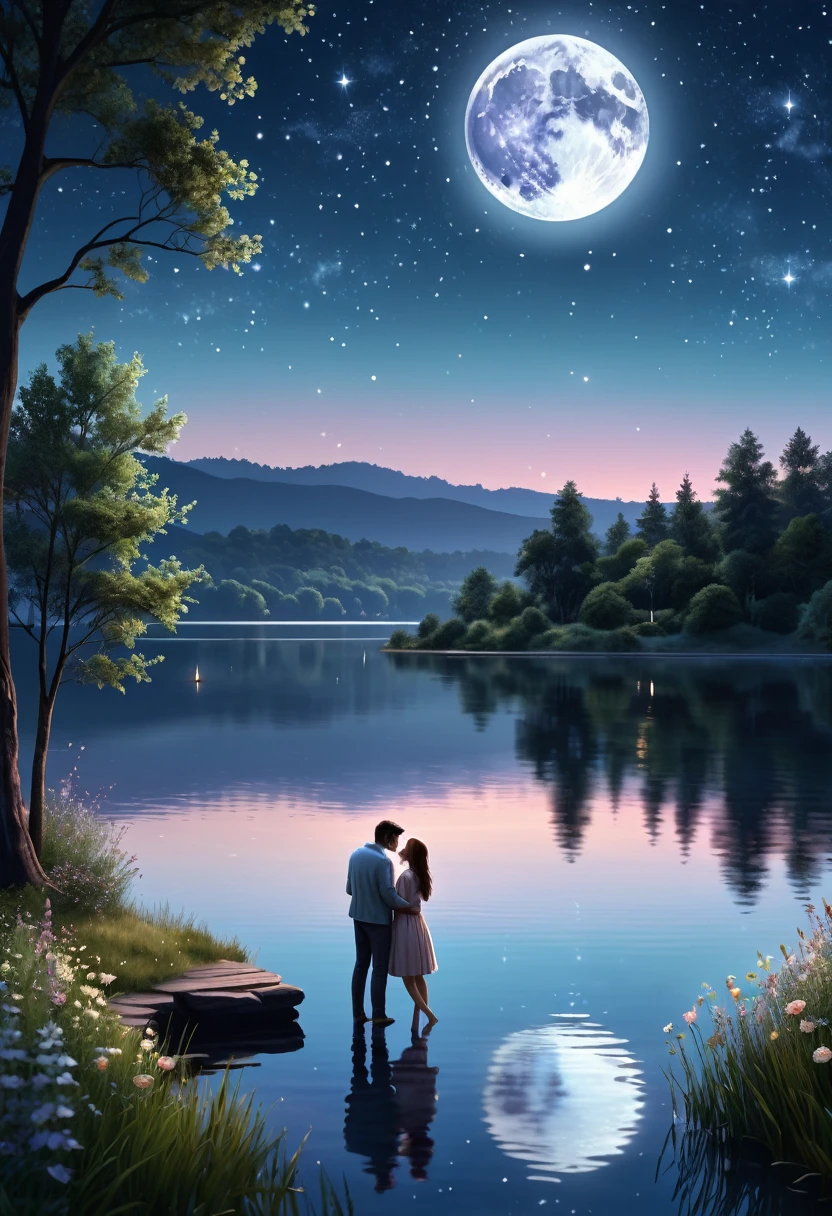 A romantic moonlit illustration of a couple confessing their feelings beside a peaceful lake. The scene is bathed in soft, silvery light, reflected on the calm water. The characters are realistic in appearance, with sincere, emotional expressions, holding hands or lightly kissing. The environment is surrounded by trees and wild flowers, creating an intimate, magical atmosphere. The night sky is dotted with brilliant stars and the full moon gently illuminates the scene. (Ultra:1.3 quality), masterpiece, highly detailed, HDR, 8K, digital art, (Clair-obscur:1.5), natural light, immersive atmosphere, soft colors.