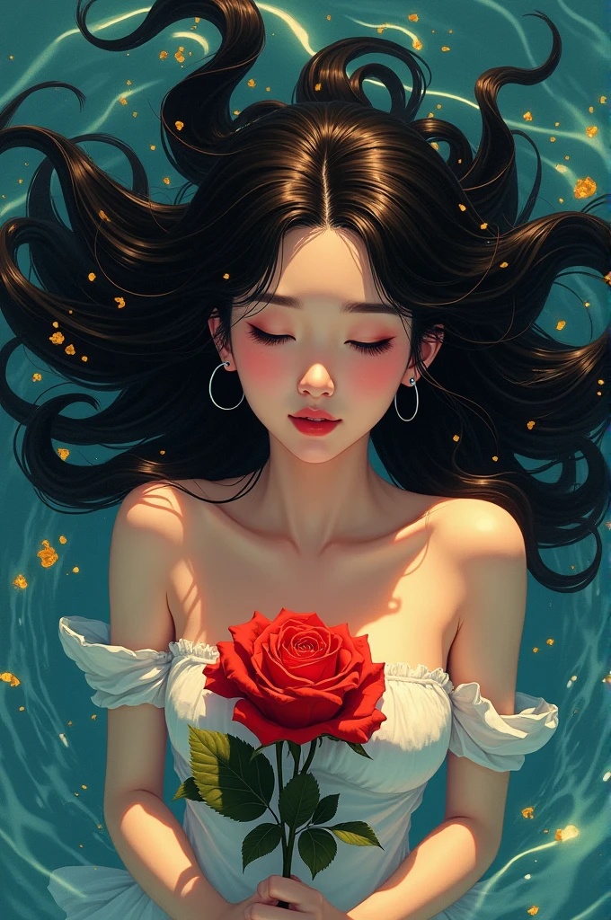 Bird&#39;s-eye view，Woman lying underwater，Black hair，Eyes slightly closed，Long eyelashes，Black earrings，Red roses in hand，Golden flowing water ripples，Splashing water and fragmented golden light，Light Effects，Black long hair floating in the water，Long eyelashes look extra soft，The beauty of heartbreak，The golden light in the water creates a romantic and mysterious atmosphere，Background with blue water，illustration，Hand-drawn style，High Definition 