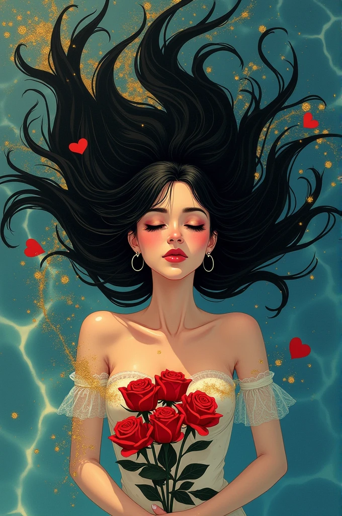 Bird's-eye view,Woman lying underwater,Black hair,Eyes slightly closed,Long eyelashes,Black earrings,Red roses in hand,Golden flowing water ripples,Splashing water and fragmented golden light,Light Effects,Black long hair floating in the water,Long eyelashes look extra soft,The beauty of heartbreak,The golden light in the water creates a romantic and mysterious atmosphere,Background with blue water,illustration,Hand-drawn style,High Definition