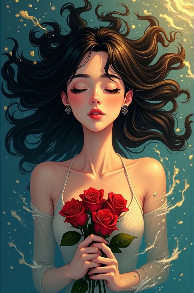 Bird's-eye view,Woman lying underwater,Black hair,Eyes slightly closed,Long eyelashes,Black earrings,Red roses in hand,Golden flowing water ripples,Splashing water and fragmented golden light,Light Effects,Black long hair floating in the water,Long eyelashes look extra soft,The beauty of heartbreak,The golden light in the water creates a romantic and mysterious atmosphere,Background with blue water,illustration,Hand-drawn style,High Definition