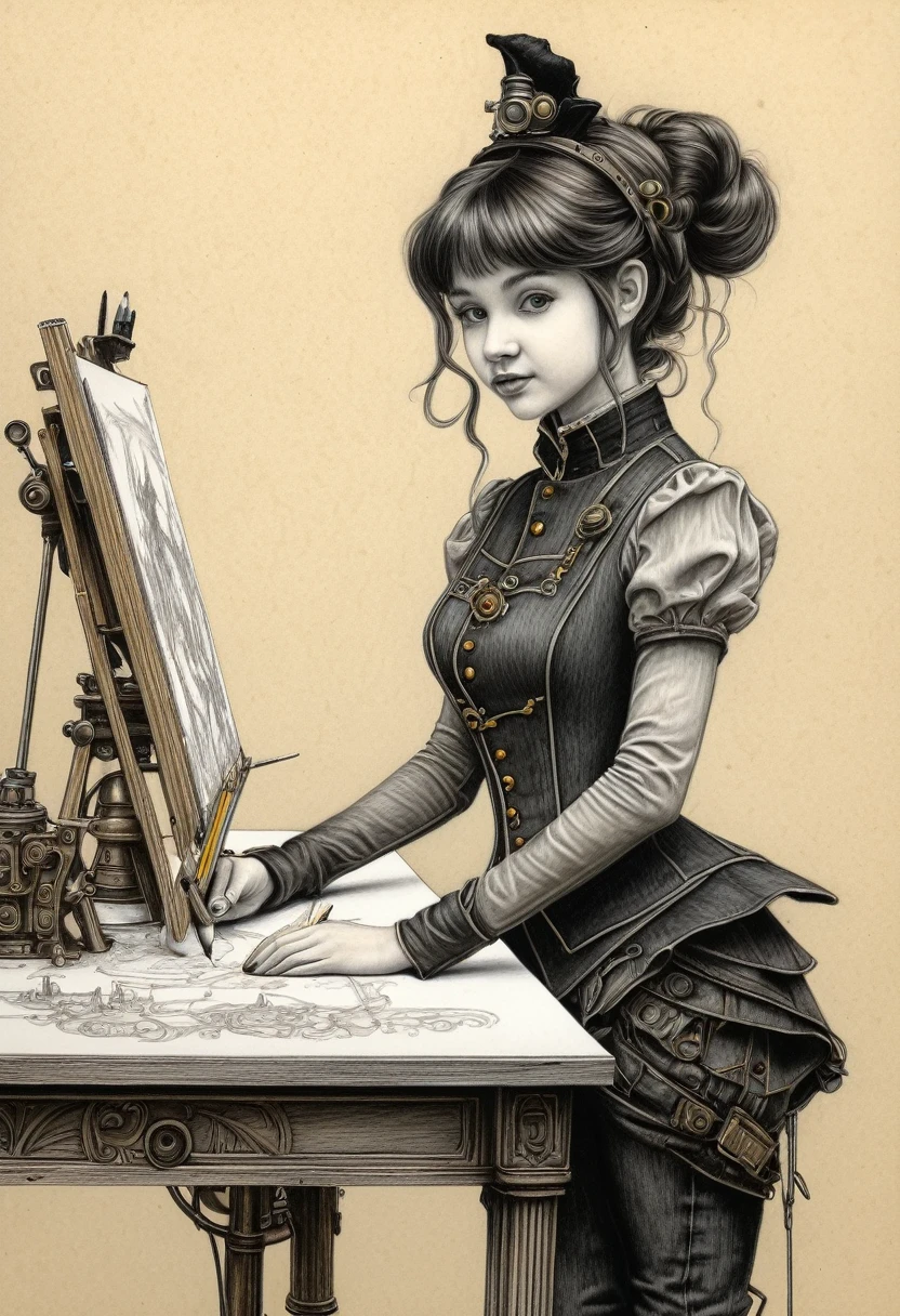 Steampunk girl stands at the drawing table, masterpiece, ultra-detailed, intricate details, Small parts, Very detailed, Pencil, coal, pastel, shading, style Jean-Baptiste Monge