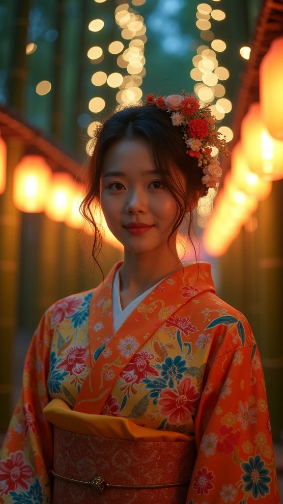 Summer Kimono,moonlight,lights,(Summer Festival,fiesta),firefly,bamboo forest,Face lens,Smile,Clogs