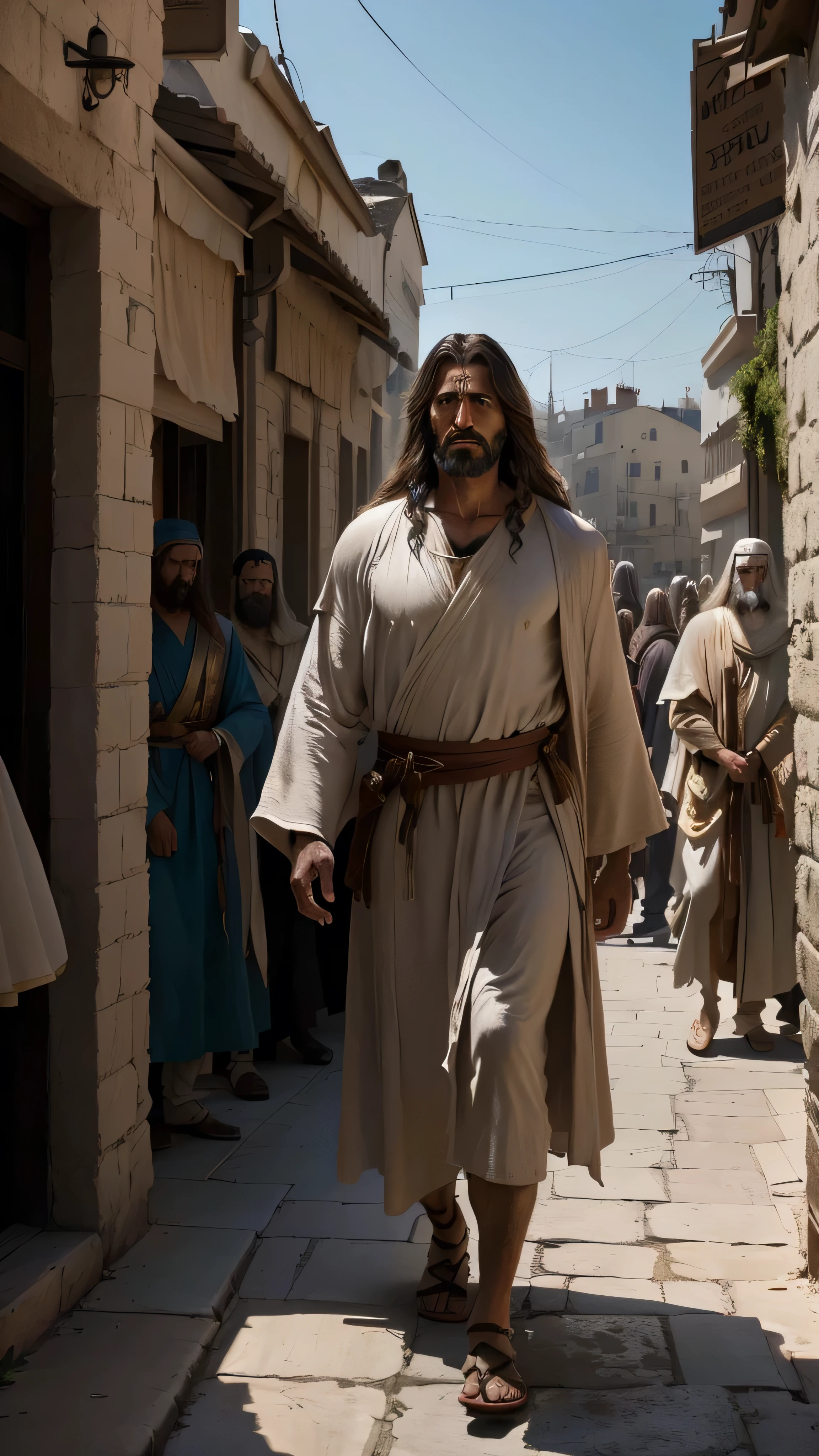 trimmed man dressed in a robe walking down the street, Jesus of Nazareth, still from a live-action movie, scene from live-action movie, dressed like JesusChrist, 8 k film still, biblical epic film, live-action movie, jesus, JesusChrist, live-action movie, movie still 8 k, biblical clothing, Movies 368k