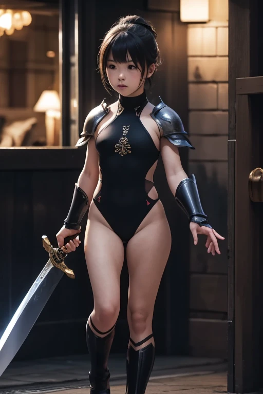 a bit, Warrior Girl, Black high leg swimsuit, sword,armor、Quiet