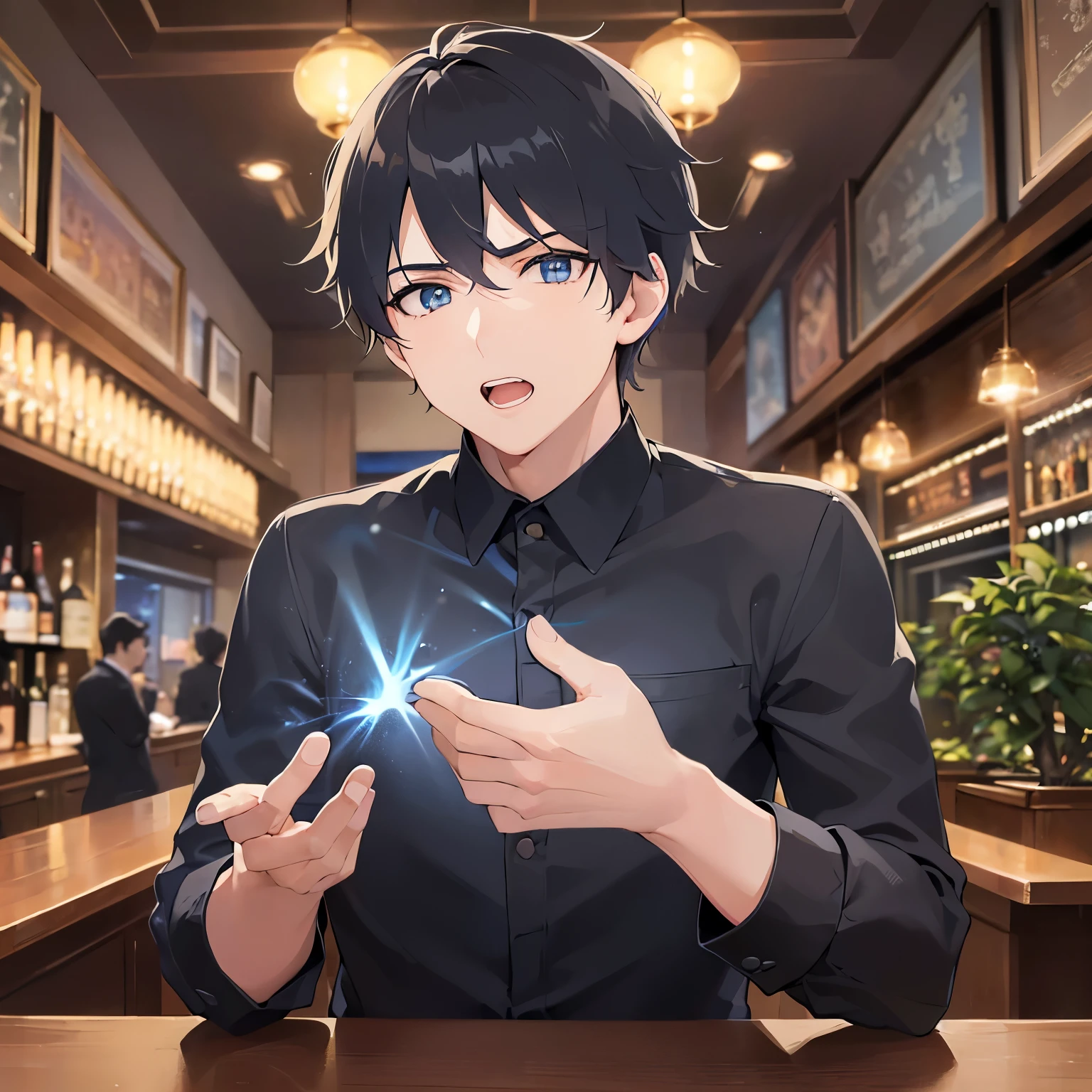 upper body,hands up,
shiny skin, masterpiece、Highest quality、
(25-year-old male:1.5) and (Black short hair) and (blue eyes),
Black long sleeve shirt、
confused、open mouth,The background is the interior of a bar at night.、(alone:1.5)