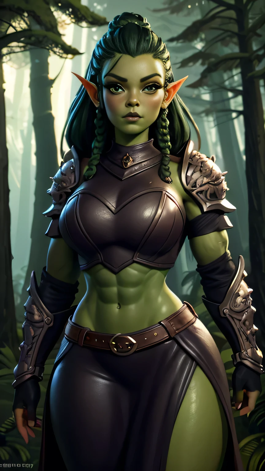 photo of beautiful Orc, RAW, beautiful woman, (portrait), (detailed Kawaii face:1.2), (detailed feature, detailed green skin, glossy lips, luscious dark green lips, clear green skin), (Long braided hair), (perfect proportioned body, Strong, muscular, narrow waist, narrow hips, skinny, large breasts), (she wears cropped leather armor), (detailed Forest background, huge trees: 1.22), (realistic photo, best quality, detailed), (8k wallpaper), (cinematic lighting, beautiful light, (day:1.3)) (sharp focus, intricate)