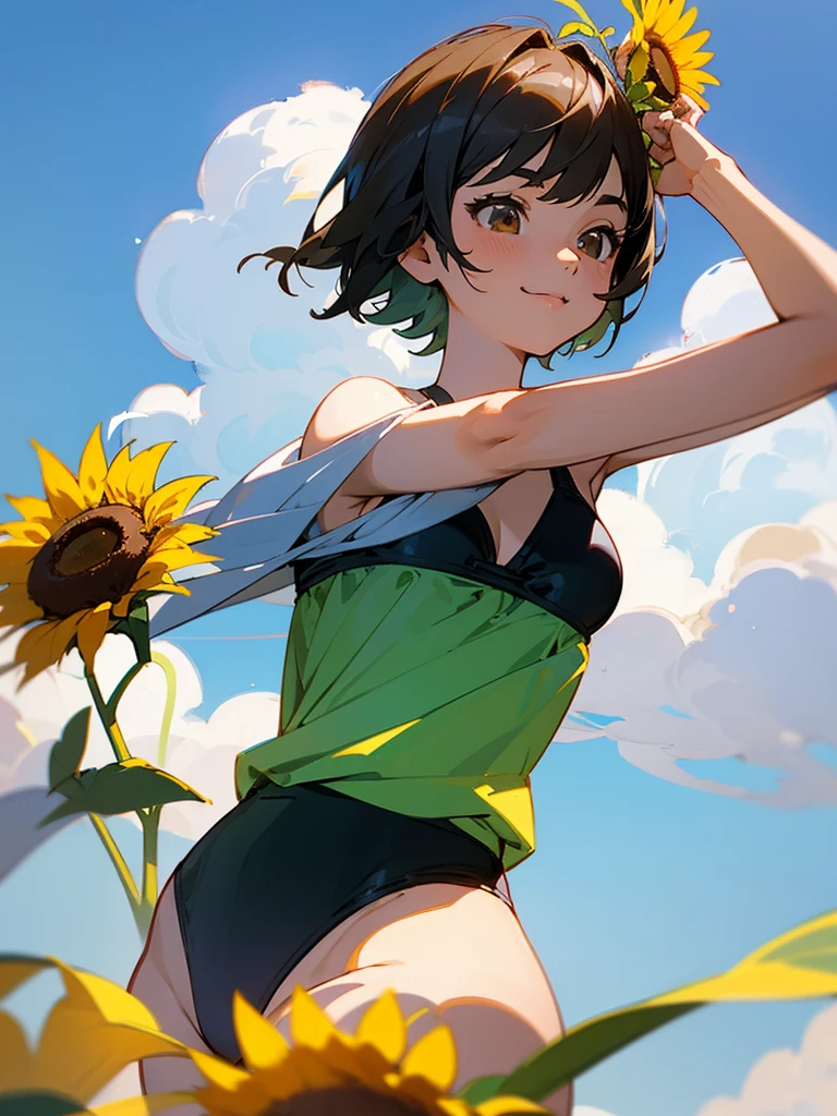  master piece, best quality, for below, cinematic angle, upper body , pigeon toed,  
Anime-style Moe illustration, summer vacation theme, 20-year-old woman, sunflowers, short hair, 
Micro bikini, slightly inner thighs, smile, accurate drawing, Active pose, Active Angle, 