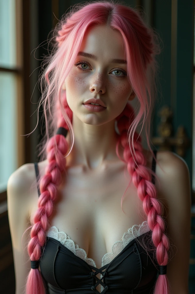 (Realisttic:1.2), analog photo style, Beautiful young woman, posing, with freckles and long pink hair braided, (steampunk dark fantasy atmosphere), soft natural light, cute and sexy, great quality, Masterpiece, detailed strange background, better performance, 16k quality, RAW photo
