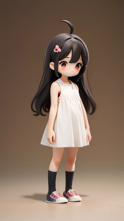 girl　Primary school students　若いgirl　小さいgirl　height: 130cm　Standing picture Simple design　The dress is a one-piece　camisole　No sleeve　Sleeveless　Long Hair　Long black hair　Hair is black　Red eyes　Shoulder-baring ahoge　Kokeshi
