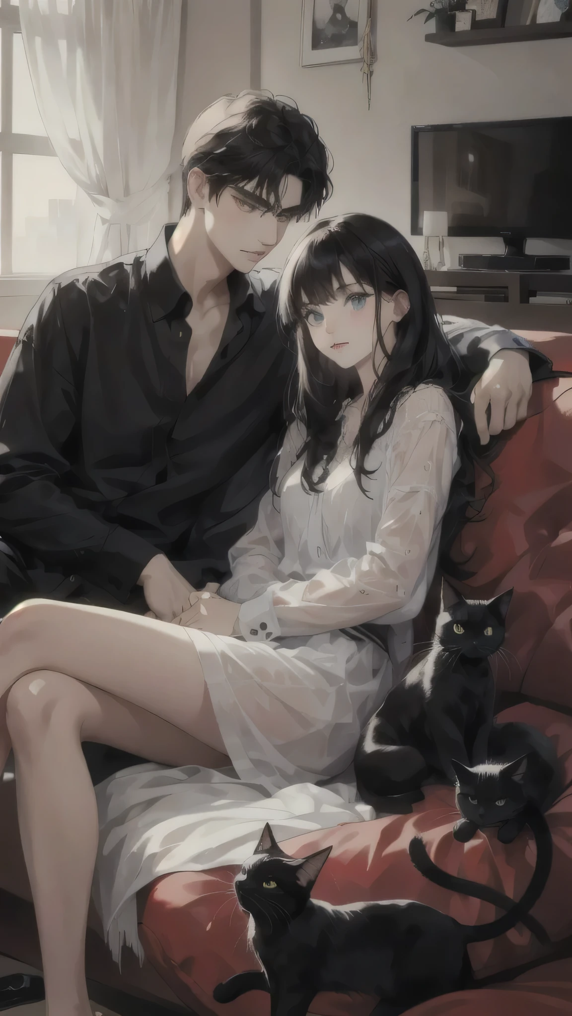 Young caucasian guy and young caucasian girl sitting on a sofa in an apartment watching TV with several cats.,black hair, Black Cat,White cat