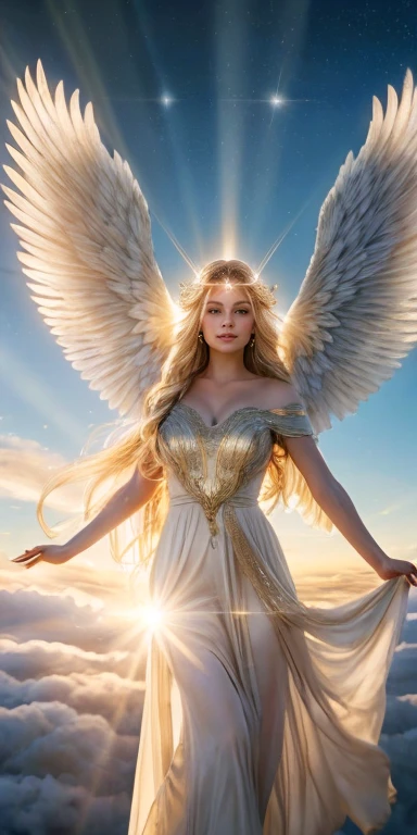 Create an image of a celestial angel floating in the sky. The angel is a beautiful woman with long, flowing hair, wearing a white gown adorned with golden accents. She has large, magnificent white wings that are spread out behind her. A radiant halo shines above her head, casting a warm glow. She stands on a bed of clouds, with rays of sunlight breaking through, illuminating her divine presence. The background features a majestic sky with soft, fluffy clouds and a golden hue from the sunlight. The overall scene is ethereal, peaceful, and heavenly.