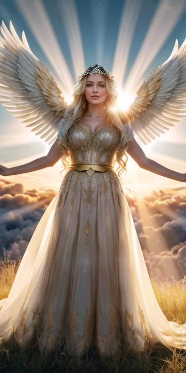 Create an image of a celestial angel floating in the sky. The angel is a beautiful woman with long, flowing hair, wearing a white gown adorned with golden accents. She has large, magnificent white wings that are spread out behind her. A radiant halo shines above her head, casting a warm glow. She stands on a bed of clouds, with rays of sunlight breaking through, illuminating her divine presence. The background features a majestic sky with soft, fluffy clouds and a golden hue from the sunlight. The overall scene is ethereal, peaceful, and heavenly.