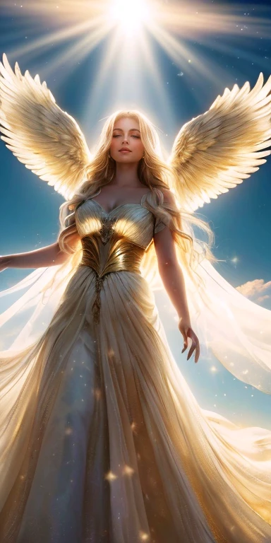 Create an image of a celestial angel floating in the sky. The angel is a beautiful woman with long, flowing hair, wearing a white gown adorned with golden accents. She has large, magnificent white wings that are spread out behind her. A radiant halo shines above her head, casting a warm glow. She stands on a bed of clouds, with rays of sunlight breaking through, illuminating her divine presence. The background features a majestic sky with soft, fluffy clouds and a golden hue from the sunlight. The overall scene is ethereal, peaceful, and heavenly.