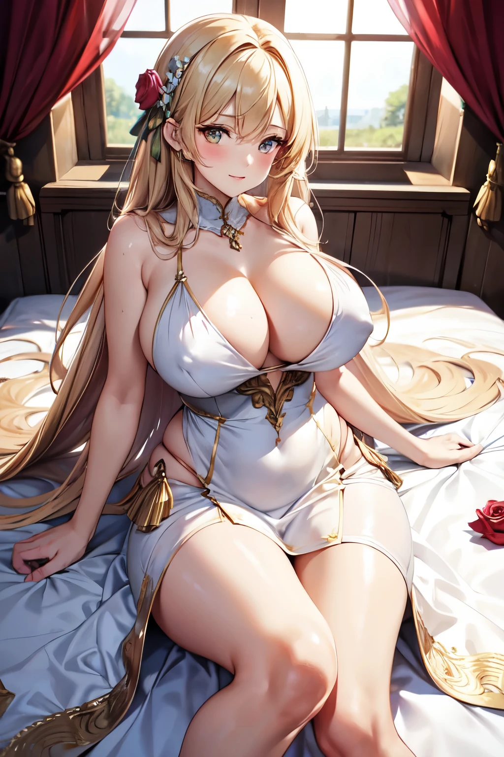 (masterpiece, Absurd quality, Official Art, beautiful and aesthetic:1.2), professional, Bright colors, Octane Rendering, Beautiful woman with long blonde hair, Curtain edge, Yellow eyes, lying on a bed of flowers, ((Lying down)), Looking at the sky, Beautiful flowing opaque white dress, goddess, Female pose, Full background, ((silk)), (Flowers, Rose), In-depth background, View from afar, glow, iridescent dress, Jewelry, window, Blue sky, cloud, castle, whole body, Soft lighting, 8K, best quality, best quality, ((Anatomically correct))Huge breasts(100.0) Huge breasts(100.0) Huge breasts(100.0) Huge breasts(100.0) Huge breasts(100.0) Huge breasts(100.0)