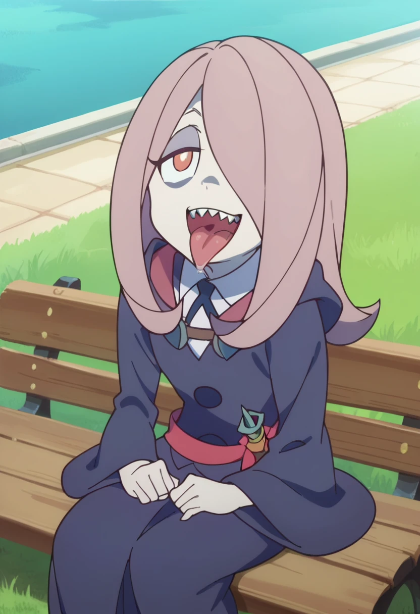 score_8_up, score_7_up, anime screencap, perfection, 1 girl, Sucy Manbavaran, solo, upper body , face only, two eyes, sitting on bench, witch academy uniform, long skirt, smiling, sharp teeth ,flat chest, outdoors, witch academy, from above, wide open mouth, tongue out, shy, seductive smile, aroused, saliva, hard breathing, hot cloud of breath from mouth, front view,