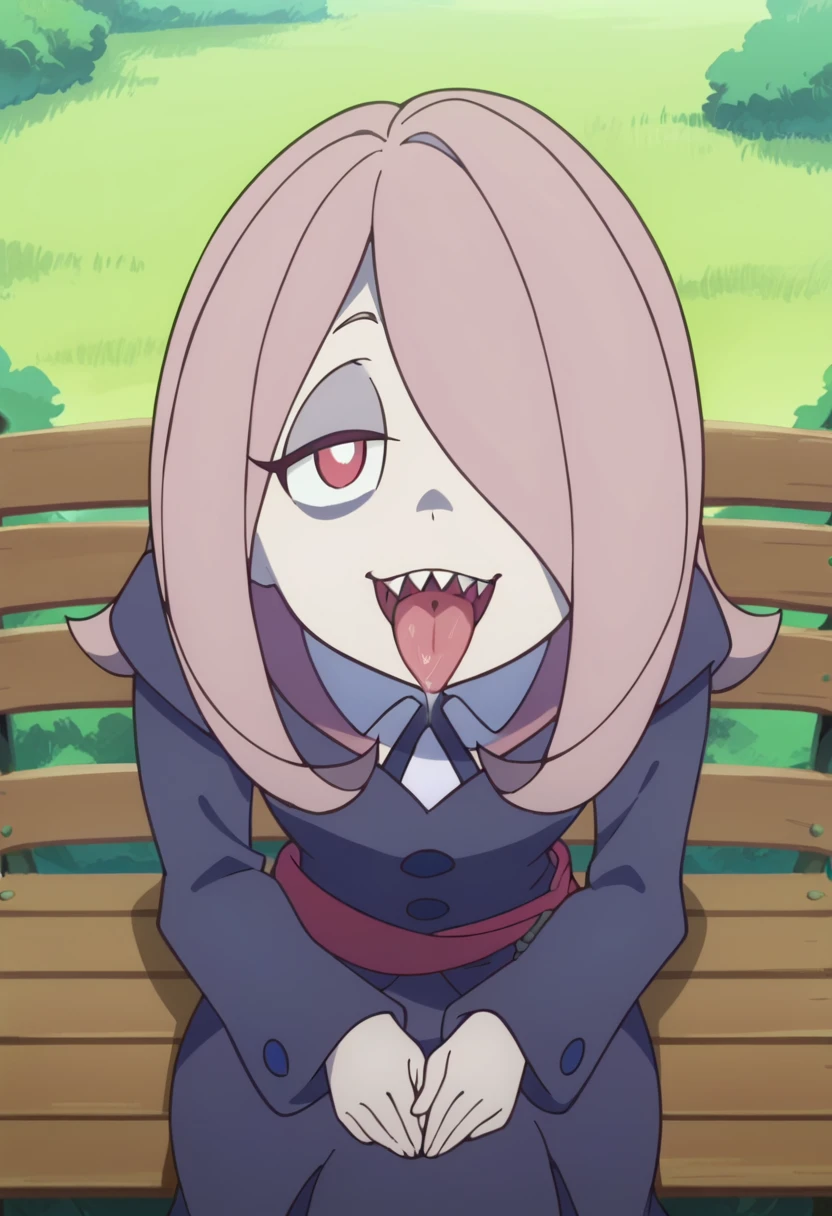 score_8_up, score_7_up, anime screencap, perfection, 1 girl, Sucy Manbavaran, solo, upper body , face only, two eyes, sitting on bench, witch academy uniform, long skirt, smiling, sharp teeth ,flat chest, outdoors, witch academy, from above, wide open mouth, tongue out, shy, seductive smile, aroused, saliva, hard breathing, hot cloud of breath from mouth, front view, ahegao,