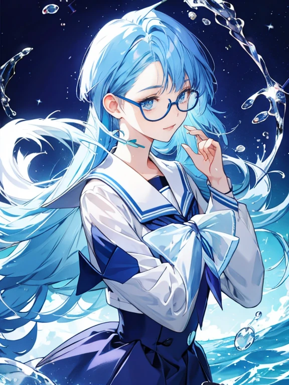 Sea motif Blue Hair Wearing small glasses Beautiful water splashes Transparency Gradient hair Eye color is purple Dressed in a sailor uniform Vibrant Background Focus on face Cat ear Keep your hair long Semi-long hair Face facing forward