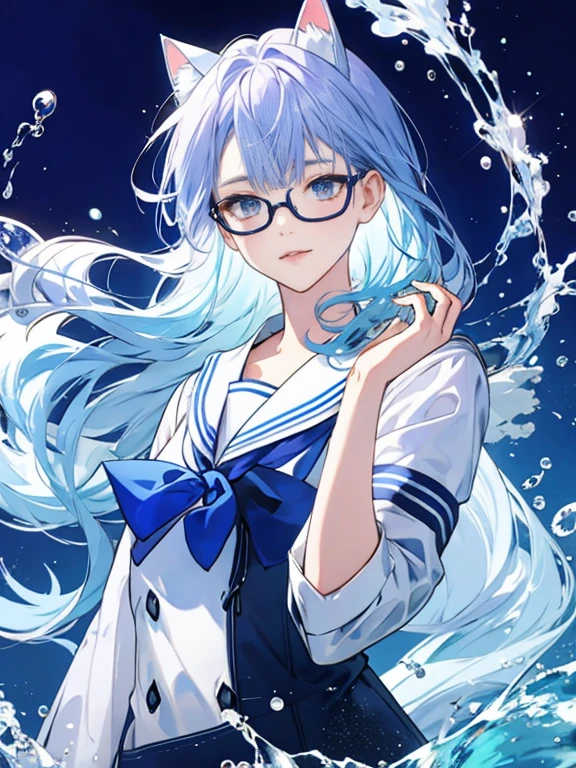 Sea motif Blue Hair Wearing small glasses Beautiful water splashes Transparency Gradient hair Eye color is purple Dressed in a sailor uniform Vibrant Background Focus on face Cat ear Keep your hair long Semi-long hair Face facing forward