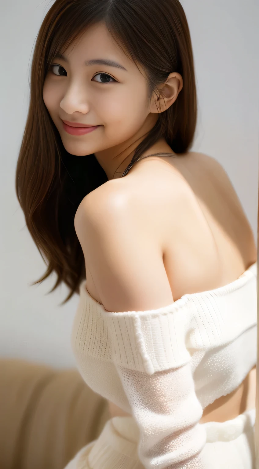 masterpiece,best quality,(Japanese girl),((Beautiful girl)),cleavage,(off shoulder:1.2),(perfect body beauty:1.2),(shy smile),from above