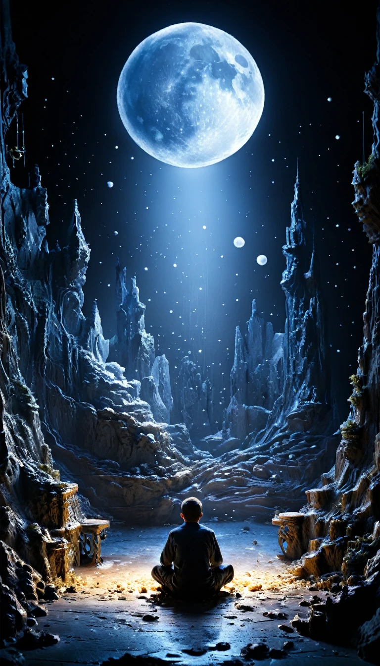 Moonlight confession, J'ai demandé à la lune si tu voulais encore de moi. Elle m'a dit j'ai pas l'habitude de m'occuper des cas comme ça. Cinématique, Éclairage dramatique, Extrêmement clair, masterpiece surréaliste à couper le souffle,(Masterpiece, la plus haute qualité, art officiel, sublime et esthétique:1.5), clivage