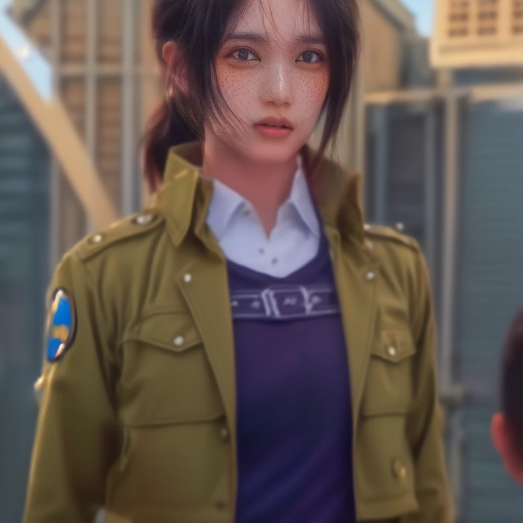 Arabian woman in uniform standing in front of a man, Attack on Titanより, Attack on Titan, Live-action movie stills, JK Uniform, Sunku, Attack on Titanアニメスタイル, Realistic cosplay, (Attack on Titanアニメ), shingeki no kyojin, Professional Cosplay, Similar to Annie Leonhart, Renji Murata and Artgerm freckles
