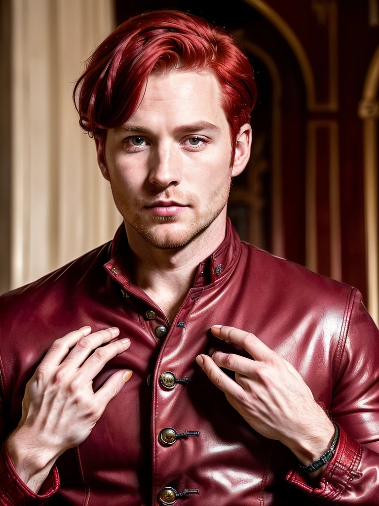 Masterpiece, (((35-year-old cherry red-hair Man with charm pretty face)))  (((focus on eyes: Pretty eyes))) (((Fantasy: Middle age))) Duke. Ducal clothing. (((accurate hands, accurate eyes))) very detailed 8k HD high definition detailed realistic, skin detailed texture (((accurate male anatomy))) 