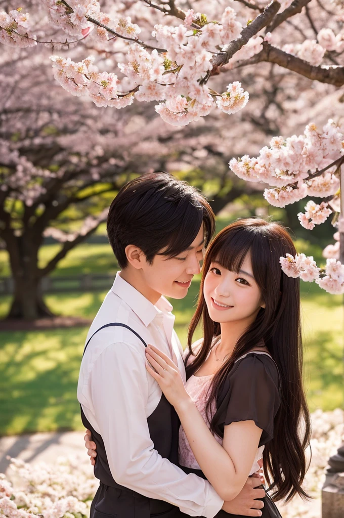 Here is the image of a young Japanese couple in a romantic embrace, set in a vibrant spring park with cherry blossoms. This visualization captures the affection and warmth of their relationship, enhanced by the magical atmosphere of the golden hour.