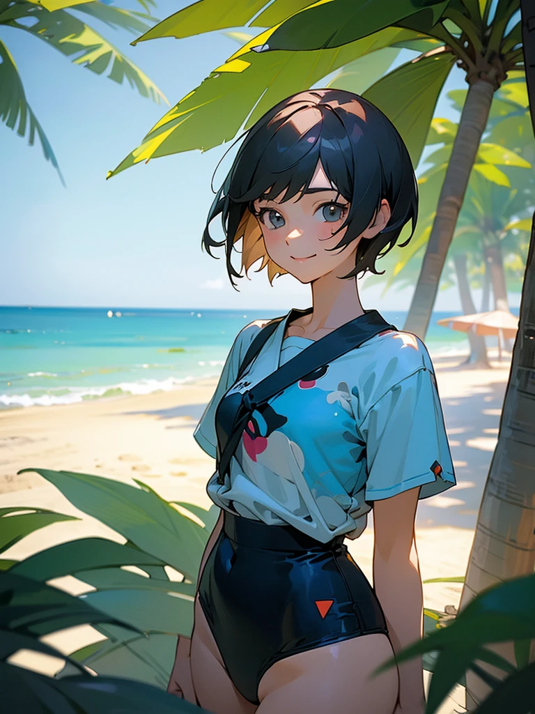  master piece, best quality, for below, cinematic angle, upper body , pigeon toed,  
Anime-style Moe illustration, summer vacation theme, 20-year-old woman, Beach,Tree Shade, short hair, 
Micro bikini, slightly inner thighs, smile, accurate drawing, Active pose, Active Angle, 
