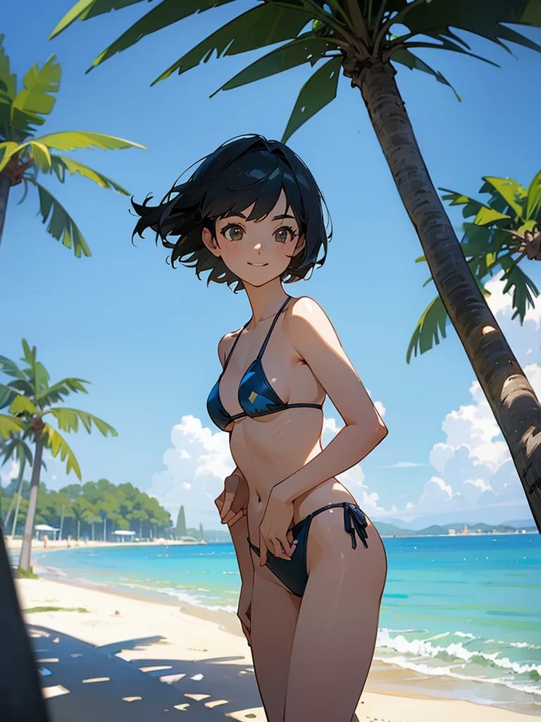master piece, best quality, for below, cinematic angle, upper body , pigeon toed,
Anime-style Moe illustration, summer vacation theme, 20-year-old woman, Beach,Tree Shade, short hair,
Micro bikini, slightly inner thighs, smile, accurate drawing, Active pose, Active Angle,