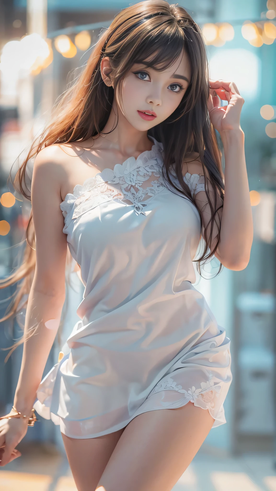 (Girl in a semi-transparent one-shoulder white miniskirt dress), (フォトRealistic:1.4), (ハイパーRealistic:1.4), (Realistic:1.3), (Smooth lighting:1.05), (Cinematic Lighting Quality Improvements:0.9),. 32K, 1 Girl,20 year old girl, Realistic lighting, Backlight, Face light, Ray tracing, (Brightening light:1. 2), (Image quality improvement:1.4), (Highest quality realistic textured skin:1. 4),(Big Blue Eyes), Detailed drawn eyes、Detailed painted face、Fine textured eyes、(tired、sleepy、satisfaction:0.0)、A shirt that shows off a lot of cleavage、(Accentuates the body line:1.1)、(Beautiful textured skin:1.1)、(Red petals are flying)、(Black lace panties are visible)、Slim long legs、